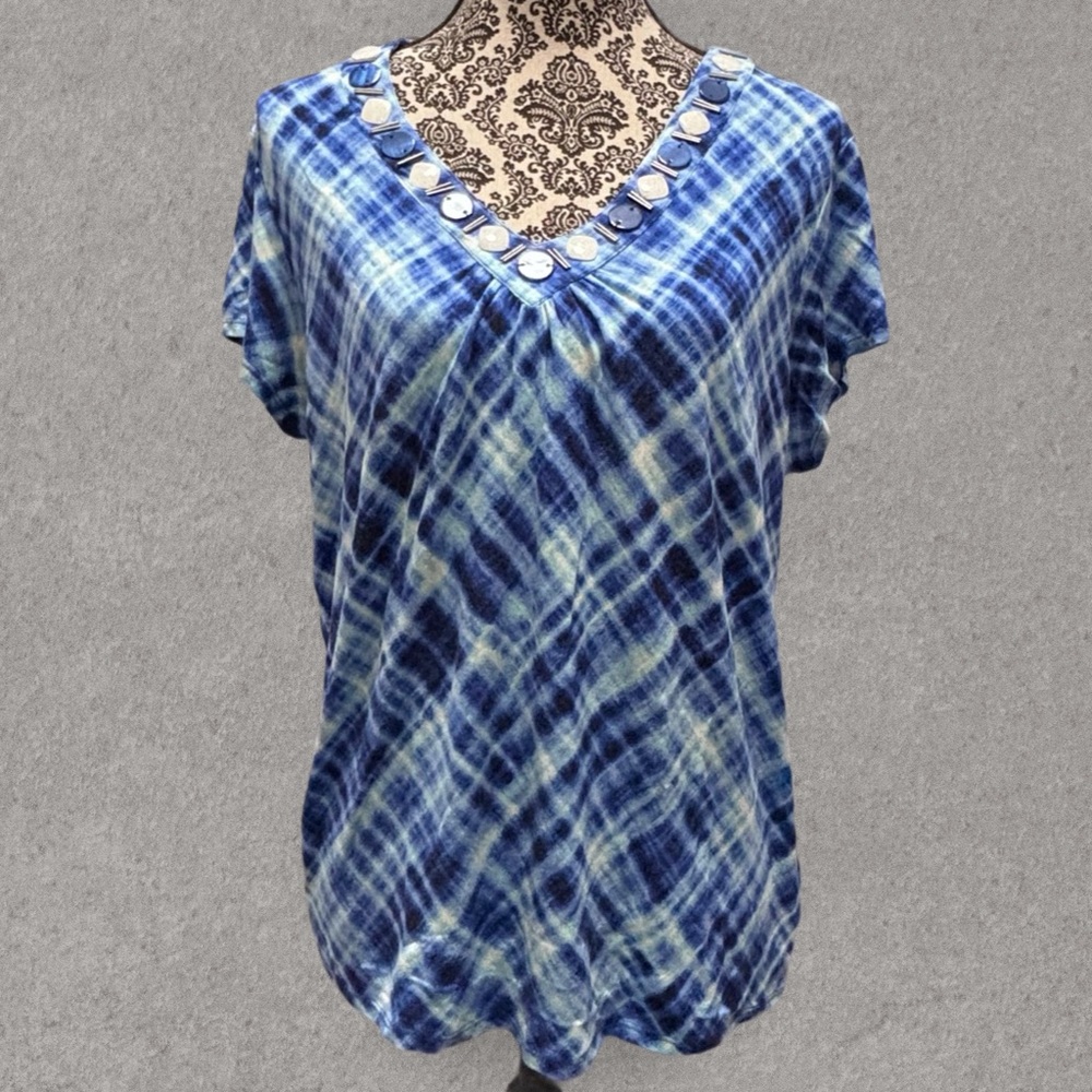 Ruby Rd Blue Tie Dye V-Neck Blouse Large L Cap Sleeve Embellished Rayon Tunic